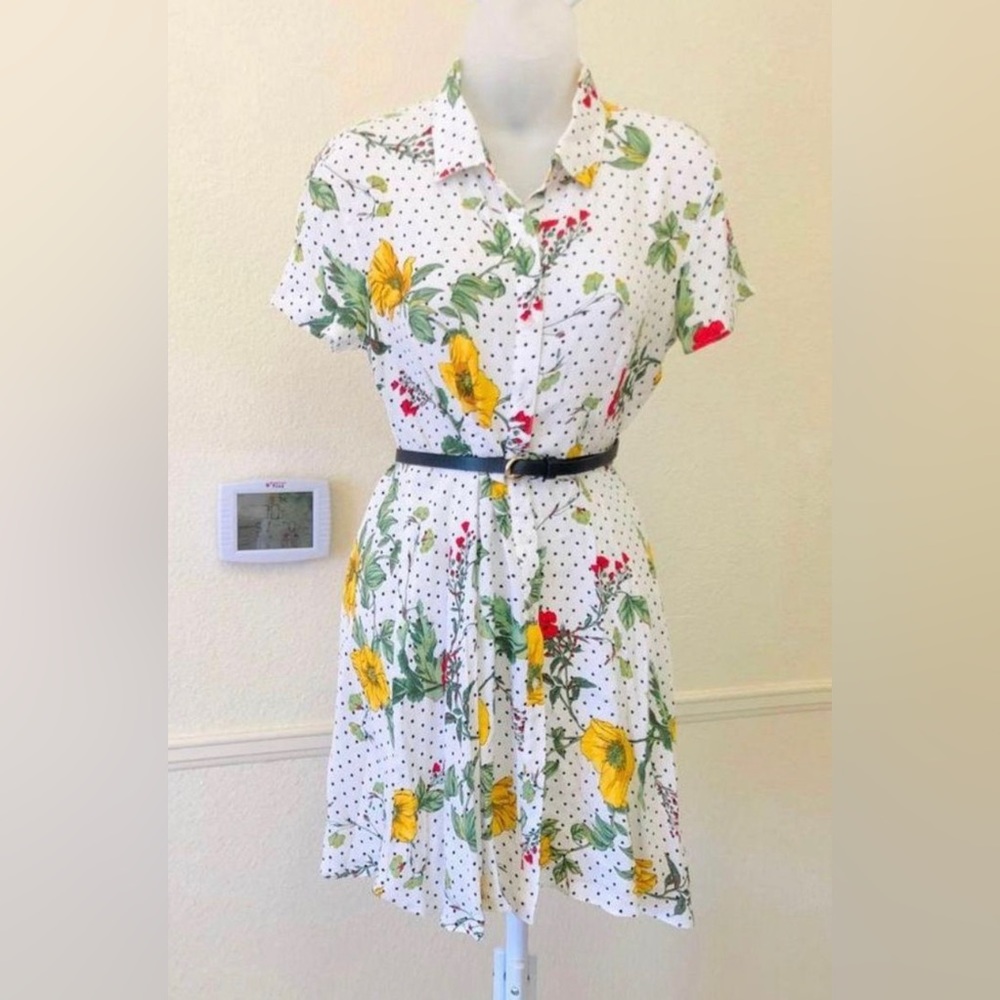 Forever 21 Button Up Dress Floral Polka Dot 70s 90s Vintage Size Large